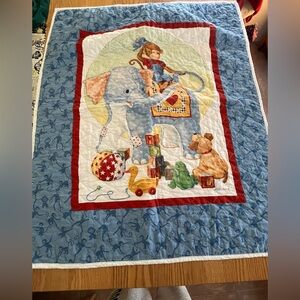 Vintage Monkey Business Quilted Baby Blanket Elephant Toy Blocks Red Stars
